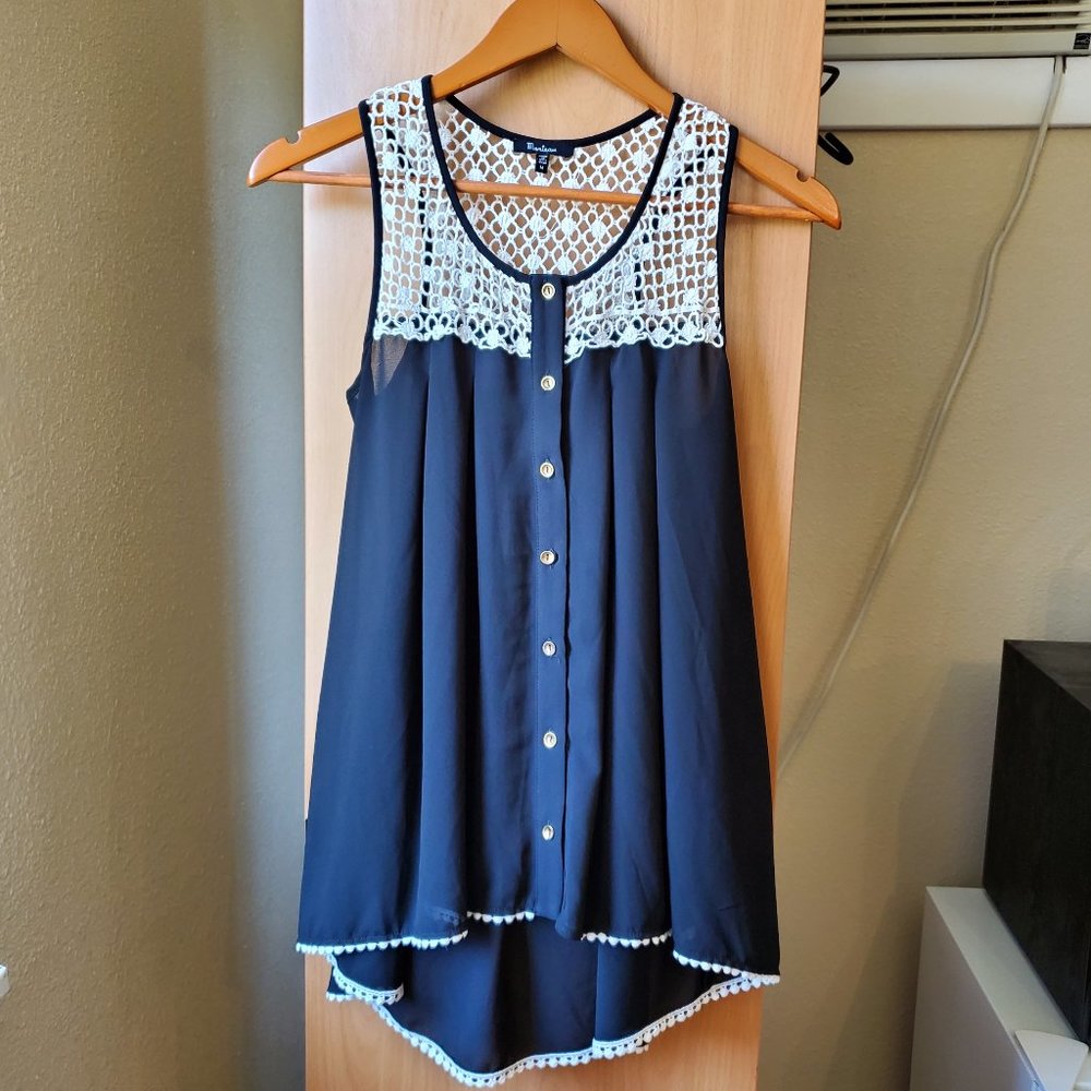 Monteau Black Sleeveless, Button Up Top with White Crochet Detailing